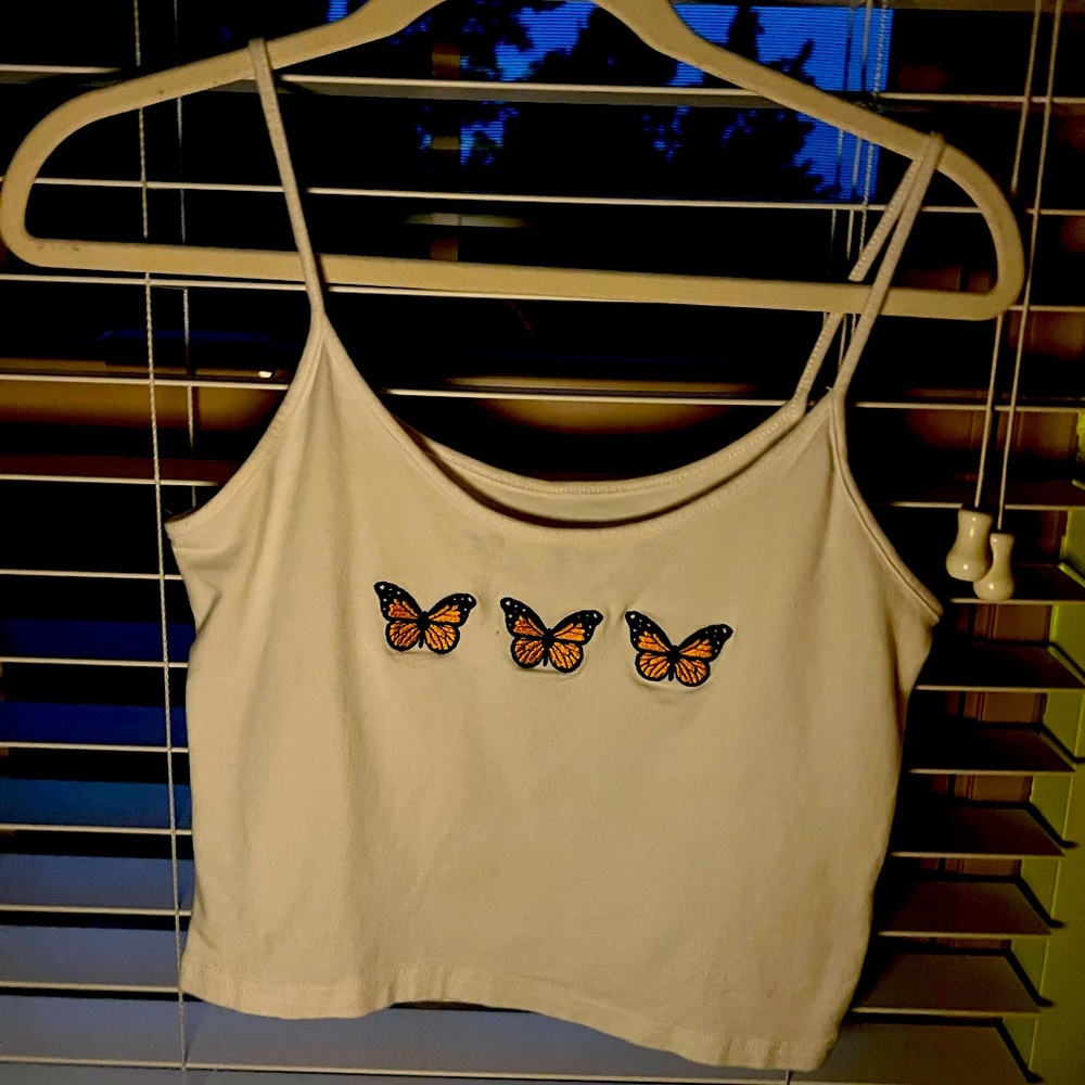 Monarch Patches Strappy Crop White Tank Top